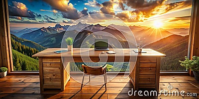 Unlocking Insights in the Mountains A Serene Workspace for Data Analysis and Charting Stock Photo