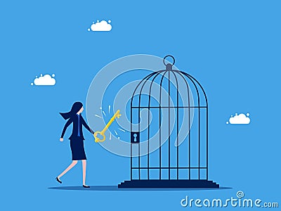 Unlocking life and the desire for freedom. Businesswoman uses a key to unlock the cage. business concept Vector Illustration