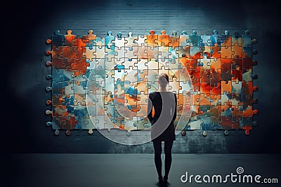 Strategic Reflection Businesswoman Observing Incomplete Puzzle Wall Stock Photo