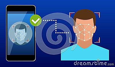 Unlocking smartphone with biometric facial identification, biometric identification, facial recognition system concept Vector Illustration