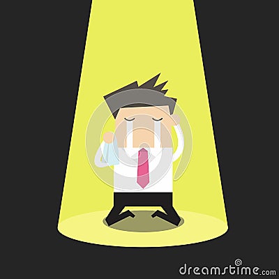 Unlucky businessman crying alone in spotlight Vector Illustration