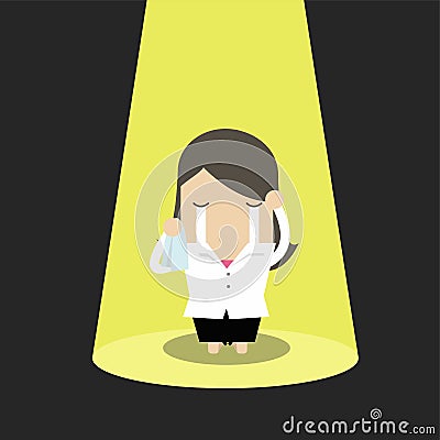 Unlucky businesswoman crying alone in spotlight. Vector Illustration