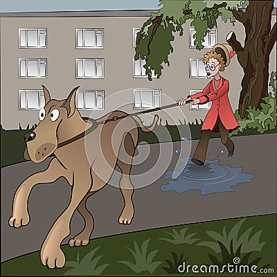 Unlucky dog-walker. Vector Illustration