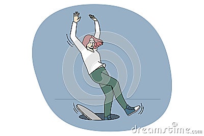 Unlucky woman fall into open hatch Vector Illustration