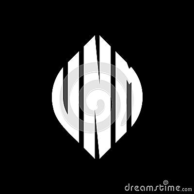 UNM circle letter logo design with circle and ellipse shape. UNM ellipse letters with typographic style. The three initials form a Vector Illustration