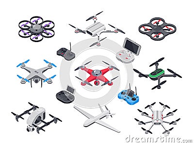 Unmanned aircraft, delivery drone with propellers, camera and computer controller. Drones and controllers isolated Vector Illustration