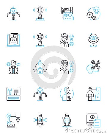 Unmanned aircraft linear icons set. Drs, Quadcopters, UAS, UAVs, Remotely Piloted Vehicles, Flying Robots, Helicopters Vector Illustration