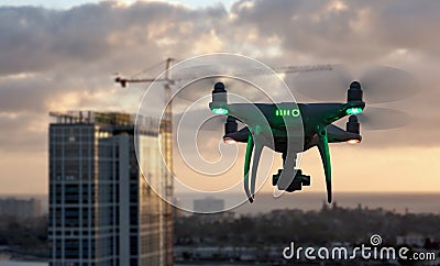 Unmanned Aircraft System Quadcopter Drone In The Air Near City and Corporate Building Stock Photo