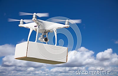 Unmanned Aircraft System UAS Quadcopter Drone Carrying Blank Box Stock Photo