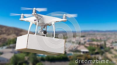 Unmanned Aircraft System UAS Quadcopter Drone Carrying Blank Box Stock Photo