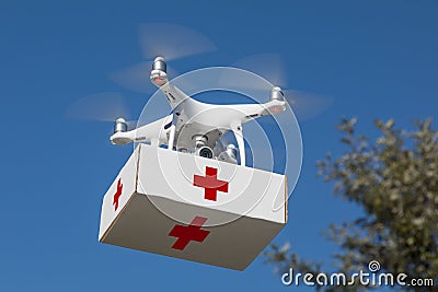 Unmanned Aircraft System UAS Quadcopter Drone Carrying First Aide Kit Editorial Stock Photo