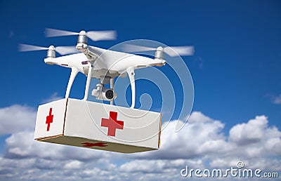 Unmanned Aircraft System UAS Quadcopter Drone Carrying First Aide Kit Editorial Stock Photo