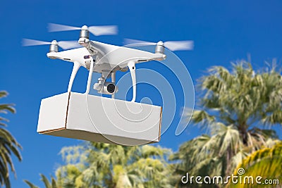 Unmanned Aircraft System UAV Quadcopter Drone Carrying Blank Box Stock Photo