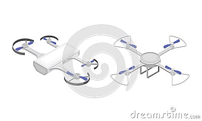 Unmanned aircrafts drones, modern air gadjets set isometric vector illustration Vector Illustration