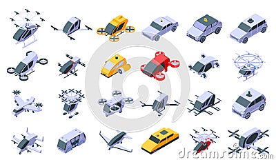 Unmanned taxi icons set, isometric style Vector Illustration