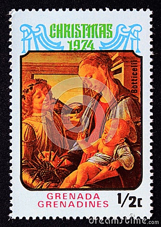 Unused postage stamp Grenada Grenadine 1974, Virgin Madonna and Child, by Botticelli Editorial Stock Photo