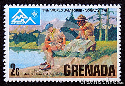 Unused postage stamp Grenada 1975, Survival map reading Editorial Stock Photo