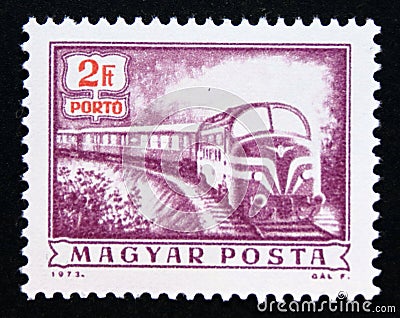 Postage stamp Hungary, 1973, Postage due Diesel mail train Editorial Stock Photo