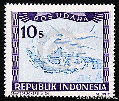 Unused postage stamp Republic Indonesia 1949, Map and airplane Editorial Stock Photo