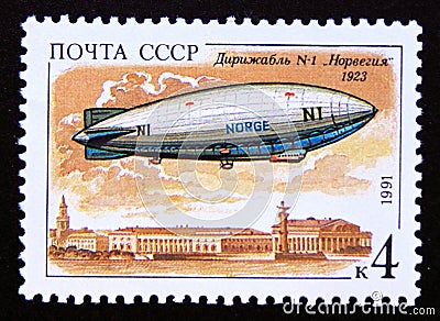 Postage stamp Soviet Union, CCCP, 1991, Airship zeppelin Norge, 1923 Editorial Stock Photo