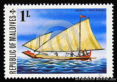 Unused post stamp Maldives 1975, Madura Prau Bedang sailing ship Editorial Stock Photo