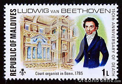 Unused post stamp Maldives 1977, portrait Beethoven in Bonn Editorial Stock Photo