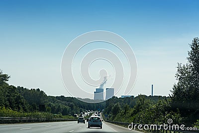 View of the A2 motorway and Scholven coal power station. Editorial Stock Photo