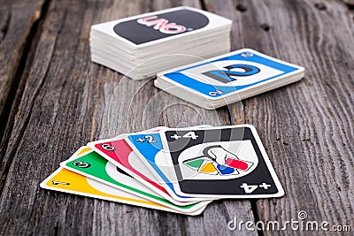 Uno card game on wood table Editorial Stock Photo