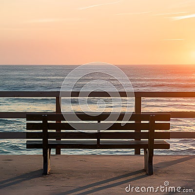 Unoccupied bench offers serene ocean view on pier Stock Photo