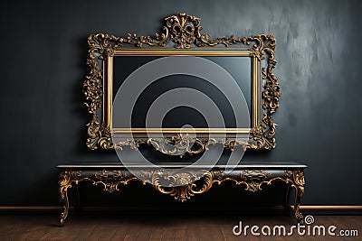 An unoccupied gold frame hangs on a dark wall Stock Photo