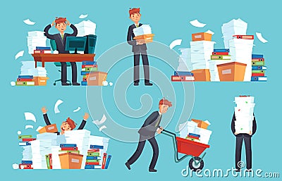 Unorganized office papers. Businessman overwhelmed work, messy paper documents pile and files stack cartoon vector Vector Illustration