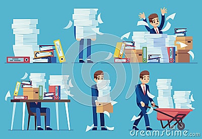 Unorganized office work. Accounting paper documents piles, disarray in files on accountant table. Routine paperwork Vector Illustration