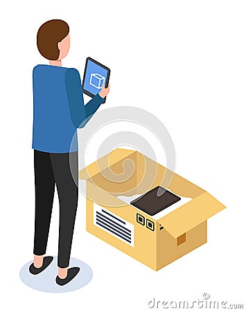 Unpacking parcel with electronic gadgets, man with opened cardbox holding digital tablet in hands Vector Illustration