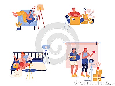Unpacking Parcel, Mail Delivery, Shipment Blogging Concept. Bloggers Characters Opening Boxes Recording Unboxing Video Vector Illustration