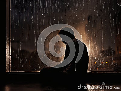 Unpleasant pain. silhouette of sad and unhappy man sitting in front of window in rainy night Stock Photo