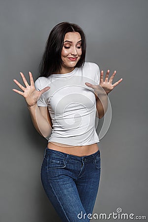 Unpleasant situation, woman expressing disgust Stock Photo