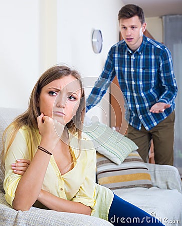 Unpleased person criticizing spouse Stock Photo