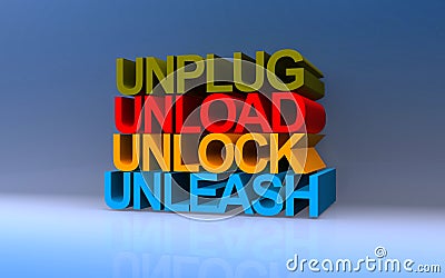 unplug unload unlock unleash on blue Stock Photo