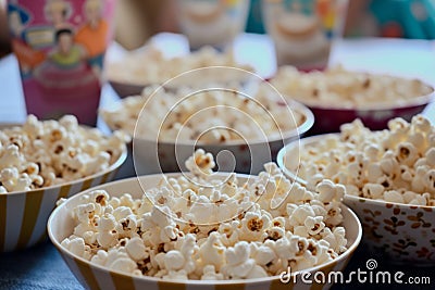 unpopped popcorn bowls on a shared table Stock Photo