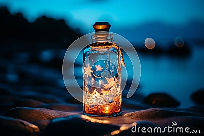 Unraveling the mystery of a message in a bottle at sea, carrying hopes and dreams on ocean waves Stock Photo