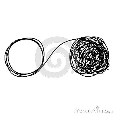 Unraveling tangled tangle. Metaphor of problem solving, difficult situation, chaos and mess.with handdrawn doodle style vector Vector Illustration