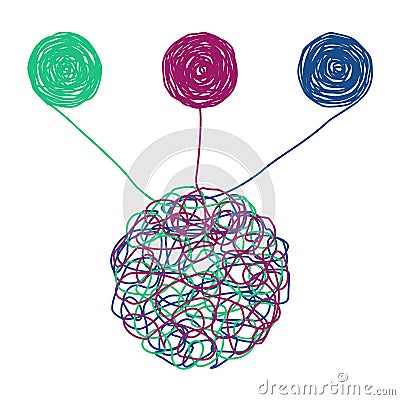 Unraveling tangled tangle. Psychotherapy concept. Metaphor of problem solving, chaos and mess, difficult situation Vector Illustration