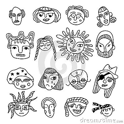 unreal faces in Ink hand drawn style set. Surreal people man and woman faces. modern abstract portrait happy and sad fantasy Vector Illustration