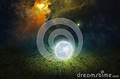 Unreal fantastic image - luminous sphere, similar to full moon, levitates over green wheat field. Bright stars, glowing nebula in Stock Photo
