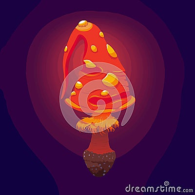 Unreal red and orange poisonous mushroom. A fiery fantastic fly agaric. Cartoon Illustration