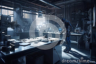 Unreal Robot Assistant Enhances Laboratory Research with Cloud-Stored Data retrieval Stock Photo