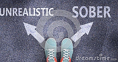 Unrealistic and sober as different choices in life - pictured as words Unrealistic, sober on a road to symbolize making decision Cartoon Illustration