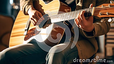 Unrecognisable man playing the guitar in a music studio. Generative AI Stock Photo