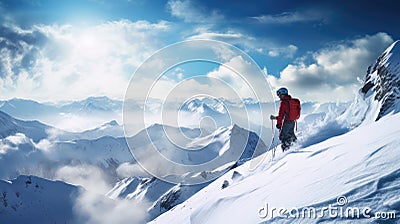 Unrecognisable person woman standing on the snowy mountain cliff and skiing. Winter sport, beautiful Alps landscape. Stock Photo