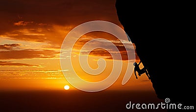 Unrecognizable adrenaline junkie doing extreme sports. Unknown man doing mountain climbing at sunset. Dark shot of a Stock Photo